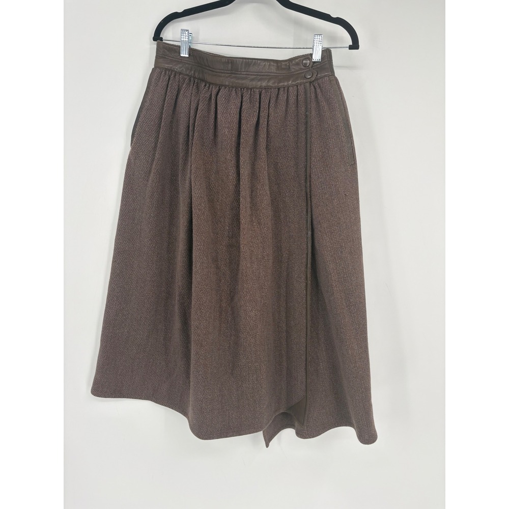 Escada Skirt Womens 42 Brown Wool Leather Trim Midi Wrap Vintage W. Germany